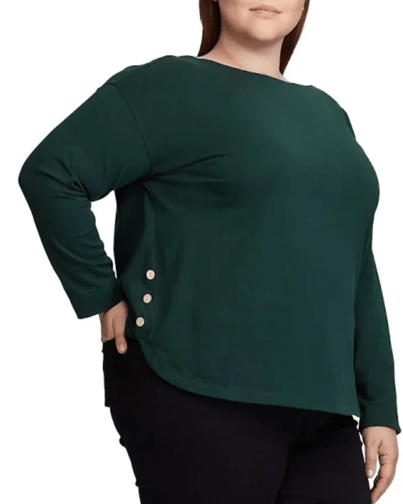 Front of a model wearing a size XL Ralph Lauren Women's Plus Button Trim Boatneck Shirt Green Size XL in Green by Ralph Lauren. | dia_product_style_image_id:314732